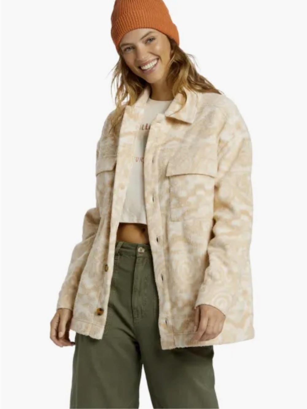 Billabong Happy Camper Shacket Small Beige Patterned Fleece